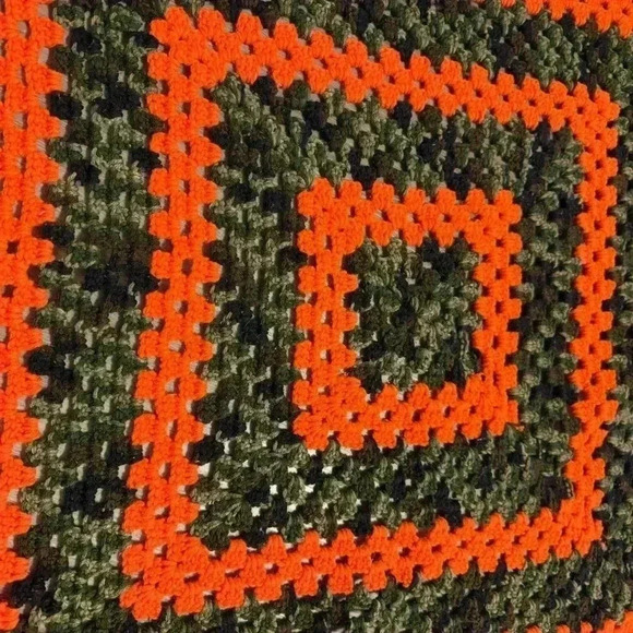 Handmade crocheted baby afghan blanket in orange & camo with tassels on corners - Picture 3 of 5